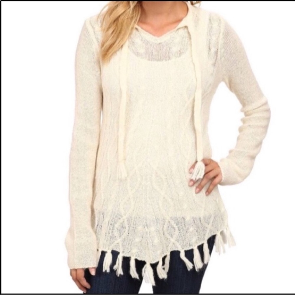 PrAna Cream Cable Knit Tunic Sweater Fringe Hem Hooded Neckline Size Small Boho